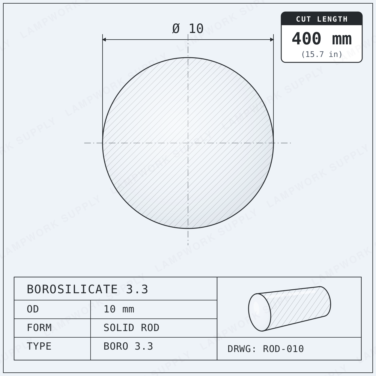 Chinese Clear 10mm Rod - 400mm (15-16 in) First Quality Single