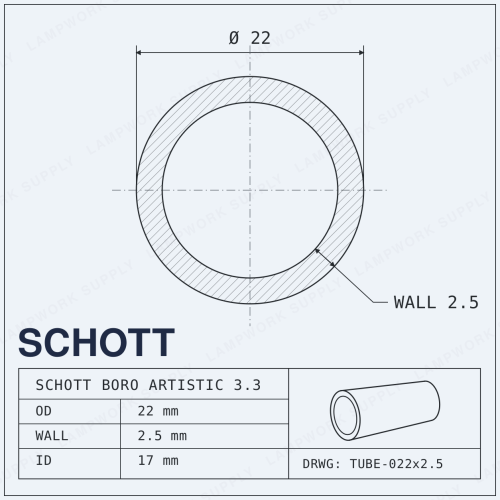 Schott Boro Artistic 22mm x 2.5mm Tubing - 22 2.5 Single Glass Tube 1/3 Cut (19-20 in) 1/3 Cut 1/3 Cut