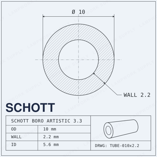 Schott Boro Artistic 10mm x 2.2mm Tubing - 10 2.2 Single Glass Tube (59 in) Full Length