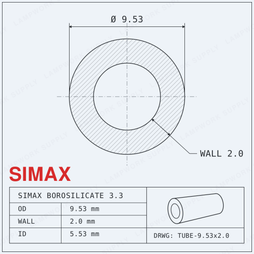 Simax 9.53mm x 2mm Tubing - 9.53 Single 1/3 Cut Glass Tube (19-20 Inches) 1/3 Cut 1/3 Cut