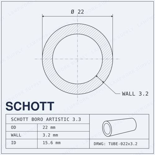 Schott Boro Artistic 22mm x 3.2mm Tubing - 22 3.2 Single Glass Tube (59 in) Full Length Full Length