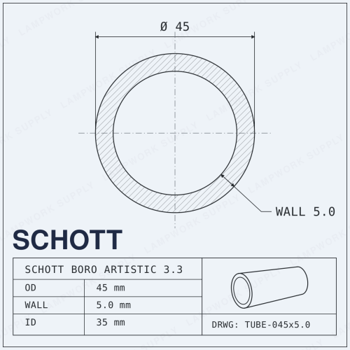 Schott Boro Artistic 45mm x 5mm Tubing - 45 5.0 Single Glass Tube 1/3 Cut (19-20 in) 1/3 Cut 1/3 Cut