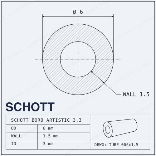 Schott Boro Artistic 6mm x 1.5mm Tubing - 6 1.5 Glass 1/3 Cut Single 1/3 Cut
