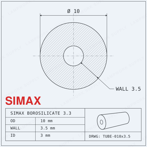 Simax 10mm x 3.5mm Tubing - 10 Single Full Length Glass Tube (59 Inches) Full Length Full Length