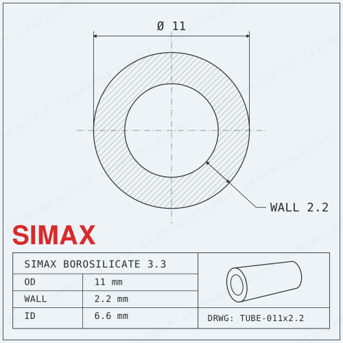 Simax 11mm x 2.2mm Tubing - 11 Single 1/3 Cut Glass Tube (19-20 Inches) 1/3 Cut 1/3 Cut