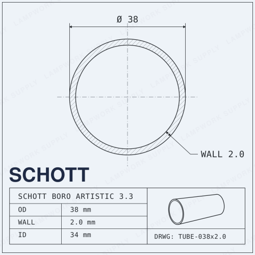 Schott Boro Artistic 38mm x 2mm Tubing - 38 2.0 Glass 1/3 Cut Single 1/3 Cut