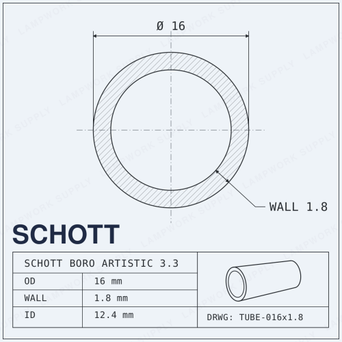 Schott Boro Artistic 16mm x 1.8mm Tubing - 16 1.8 Single Glass Tube 1/3 Cut (19-20 in) 1/3 Cut 1/3 Cut