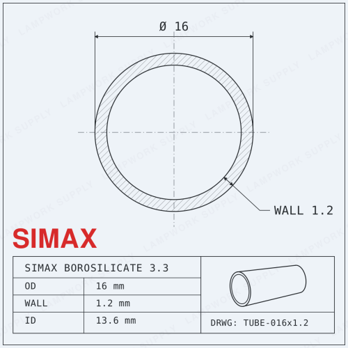 Simax 16mm x 1.2mm Tubing - 16 Single 1/3 Cut Glass Tube (19-20 Inches) 1/3 Cut 1/3 Cut