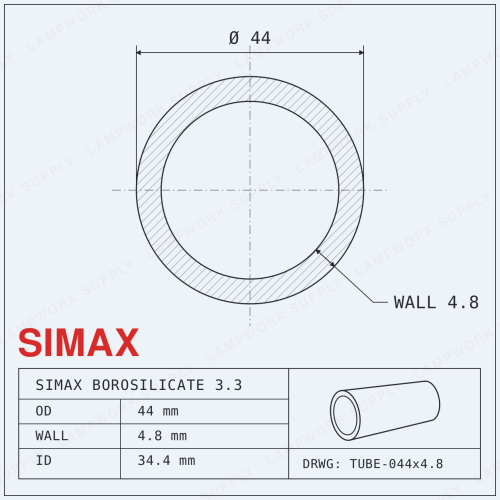 Simax 44mm x 4.8mm Tubing - 44 Single Full Length Glass Tube (59 Inches) Full Length Full Length