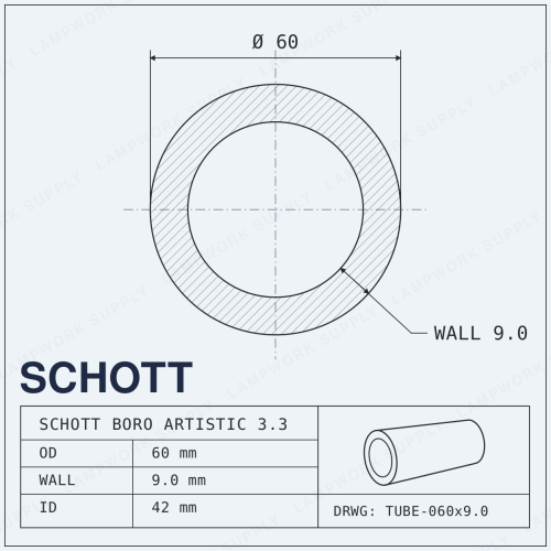 Schott Boro Artistic 60mm x 9mm Tubing - 60 9.0 Single Glass Tube (59 in) Full Length Full Length