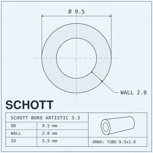 Schott Boro Artistic 9.5mm x 2mm Tubing - 9.5 2.0 Single Glass Tube (59 in) Full Length Full Length