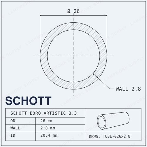 Schott Boro Artistic 26mm x 2.8mm Tubing - 26 2.8 Single Glass Tube 1/3 Cut (19-20 in) 1/3 Cut 1/3 Cut