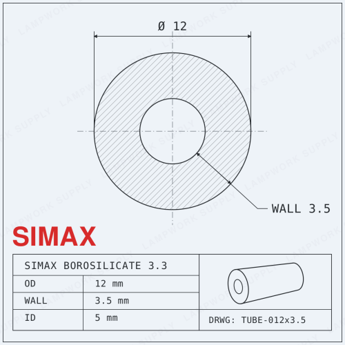 Simax 12mm x 3.5mm Tubing - 12 Single 1/3 Cut Glass Tube (19-20 Inches) 1/3 Cut 1/3 Cut