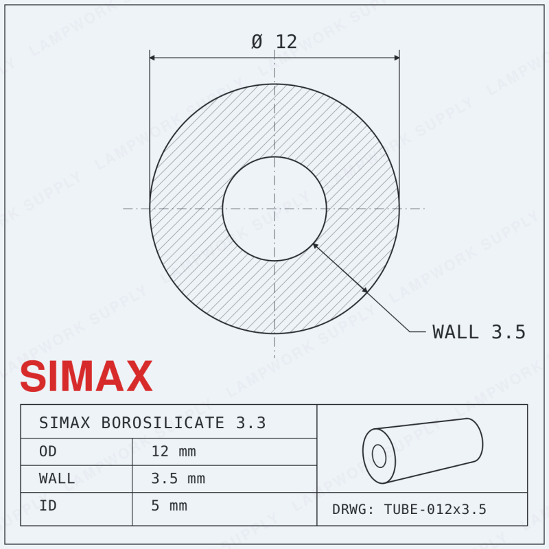 Simax 12mm x 3.5mm Tubing