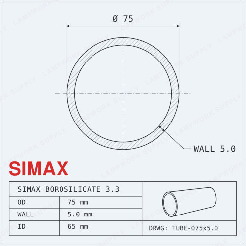 Simax 75mm x 5mm Tubing - 75 Single Full Length Glass Tube (59 Inches) Full Length Full Length