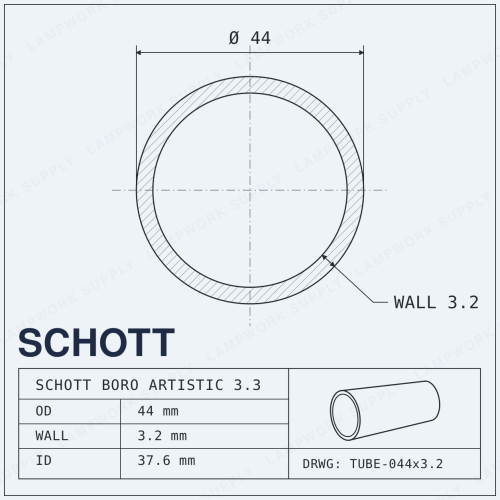 Schott Boro Artistic 44mm x 3.2mm Tubing - 44 3.2 Single Glass Tube 1/3 Cut (19-20 in) 1/3 Cut 1/3 Cut