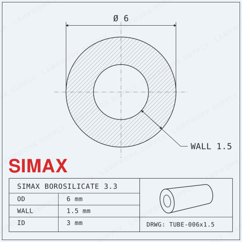Simax 6mm x 1.5mm Tubing - 6 Single 1/3 Cut Glass Tube (19-20 Inches) 1/3 Cut 1/3 Cut