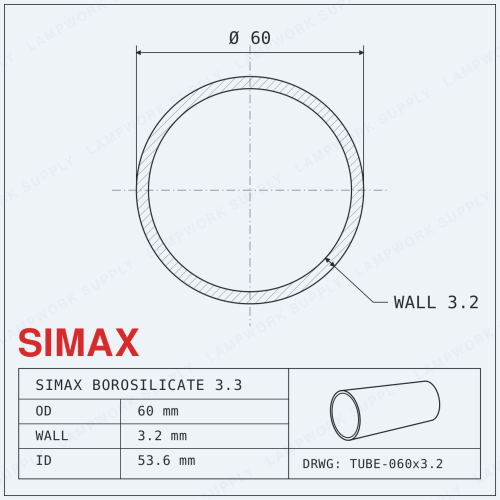 Simax 60mm x 3.2mm Tubing - 60 Single Full Length Glass Tube (59 Inches) Full Length Full Length