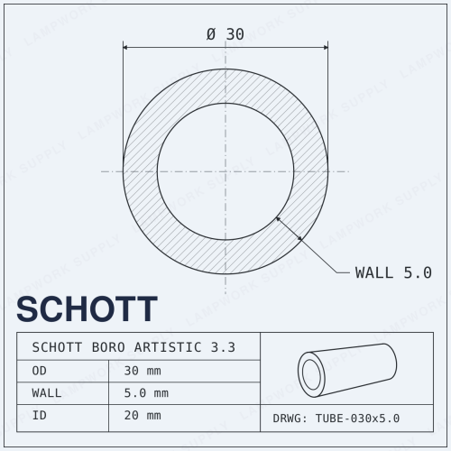 Schott Boro Artistic 30mm x 5mm Tubing - 30 5.0 Single Glass Tube (59 in) Full Length Full Length