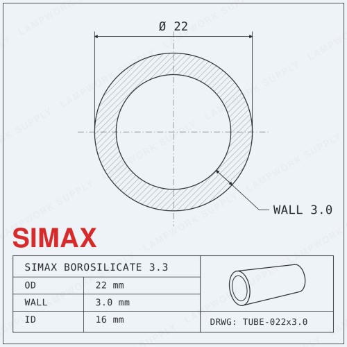 Simax 22mm x 3mm Tubing - 22 Single Full Length Glass Tube (59 Inches) Full Length Full Length