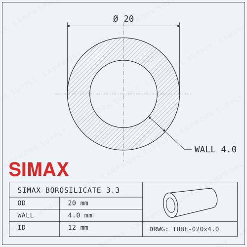 Simax 20mm x 4mm Tubing - 20 Single 1/3 Cut Glass Tube (19-20 Inches) 1/3 Cut 1/3 Cut