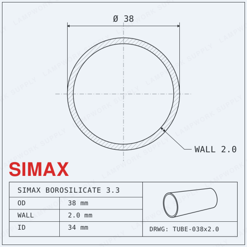 Simax 38mm x 2mm Tubing - 38 Single Full Length Glass Tube (59 Inches) Full Length Full Length