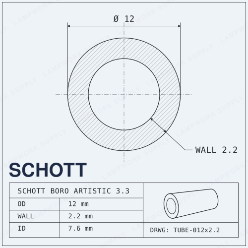 Schott Boro Artistic 12mm x 2.2mm Tubing - 12 2.2 Single Glass Tube 1/3 Cut (19-20 in) 1/3 Cut 1/3 Cut