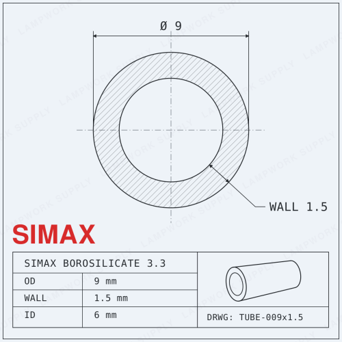 Simax 9mm x 1.5mm Tubing - 9 Single Full Length Glass Tube (59 Inches) Full Length Full Length