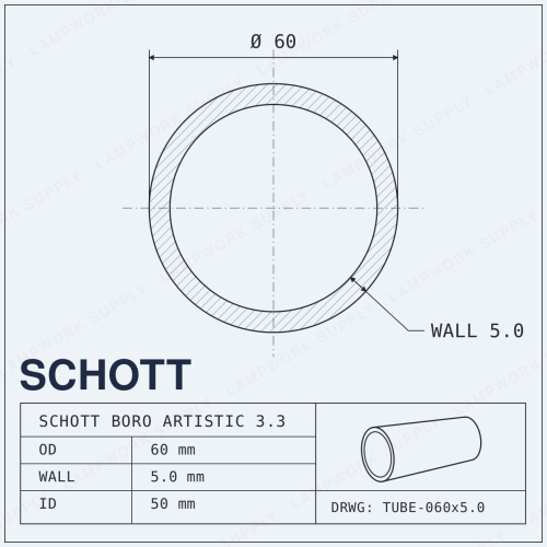 Schott Boro Artistic 60mm x 5mm Tubing - 60 5.0 Single Glass Tube (59 in) Full Length Full Length